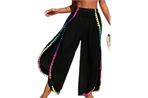 BEAUDRM Women's Bathing Suit Cover Up Pants Split Sheer Flowy Beach Elastic Waist Wide Leg Swimsuit Pants