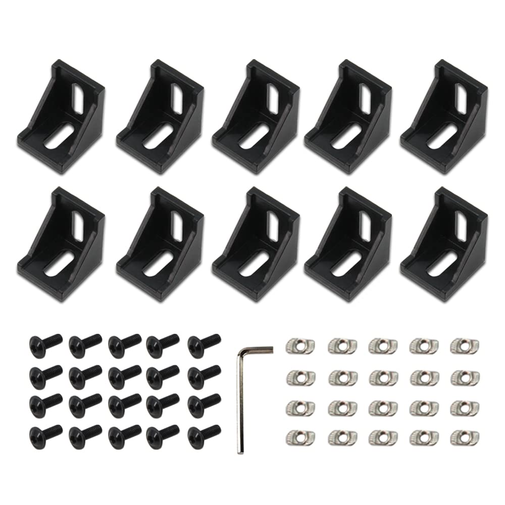Zeberoxyz 10PCS 4040 Corner Bracket Black Right Angle with M6 Screws 4040Series 2 Hole Aluminum Brackets for Slot 8mm Aluminum Extrusion Profile Accessories (4040 Series Black with Nut)