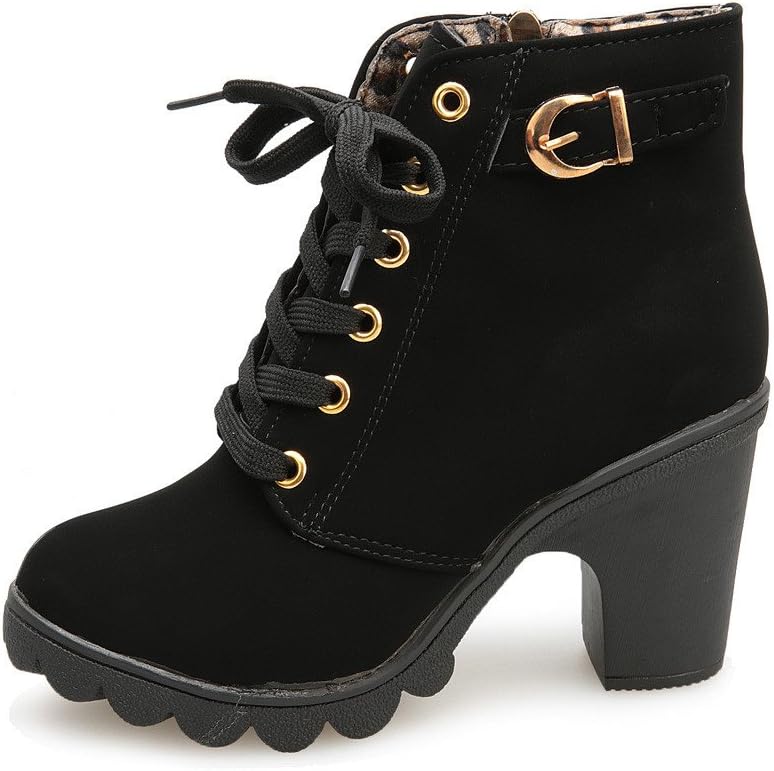 Women Boots Womens Fashion High Heel Lace Up Ankle Boots Ladies Buckle Platform Shoes