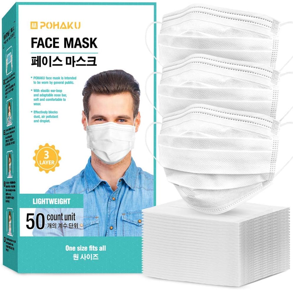 POHAKU Disposable Mask with Extra Soft Elastic Ear Loop and 3 Ply Breathable (50 PCS)-White