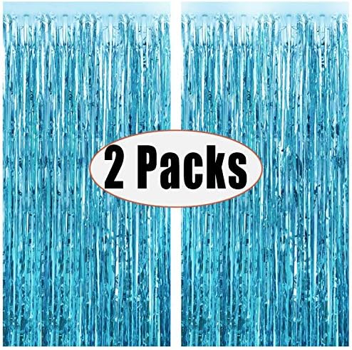 FECEDY 2pcs 3ft x 8.3ft Light Blue Metallic Tinsel Foil Fringe Curtains Photo Booth Props for Birthday Wedding Engagement Bridal Shower Baby Shower Bachelorette Holiday Celebration Party Decorations