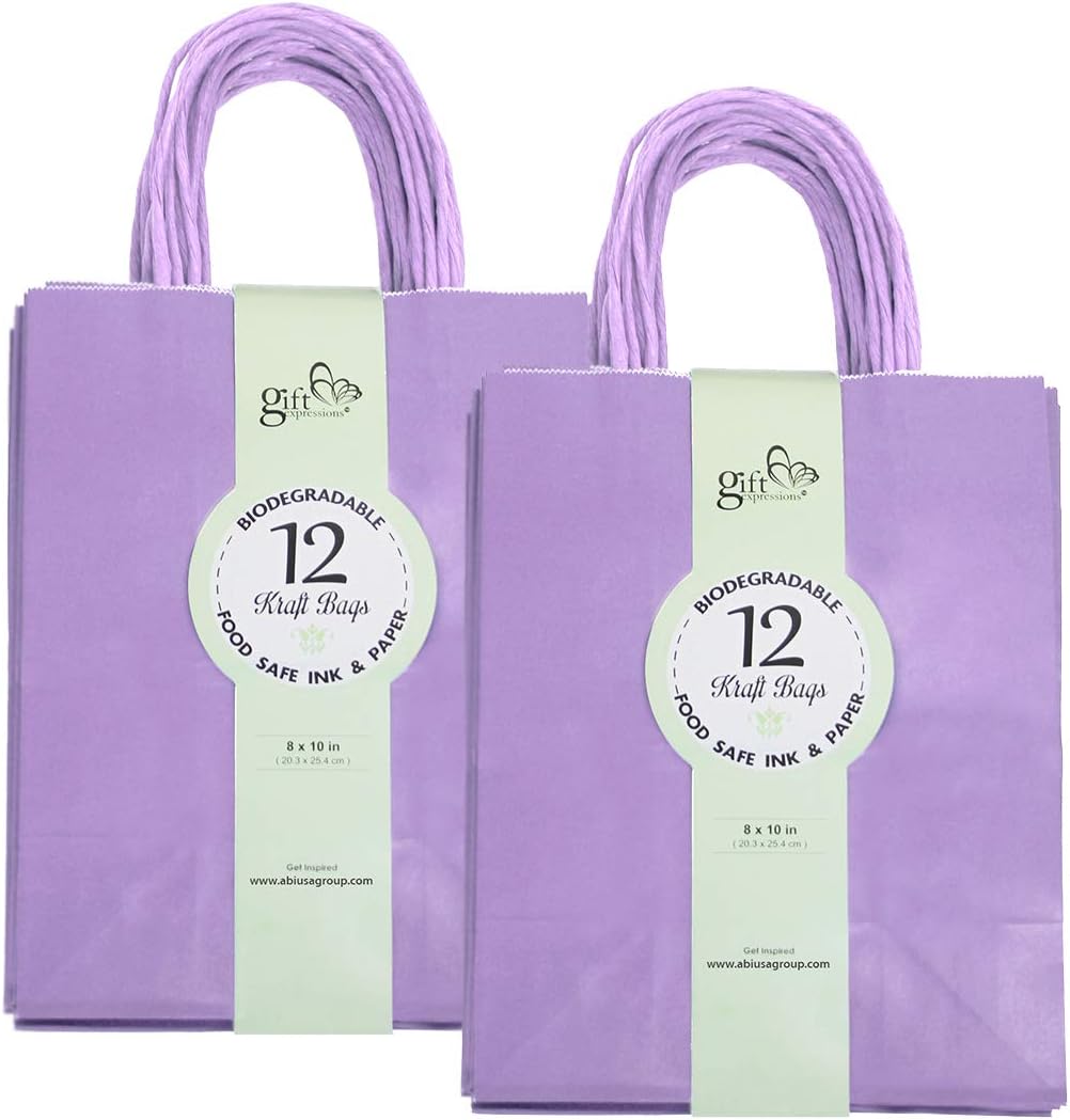 24CT Medium Lavender Biodegradable, Food Safe Ink & Paper, Premium Quality Paper (Sturdy & Thicker), Kraft Bag with Colored Sturdy Handles (Medium, Lavender)