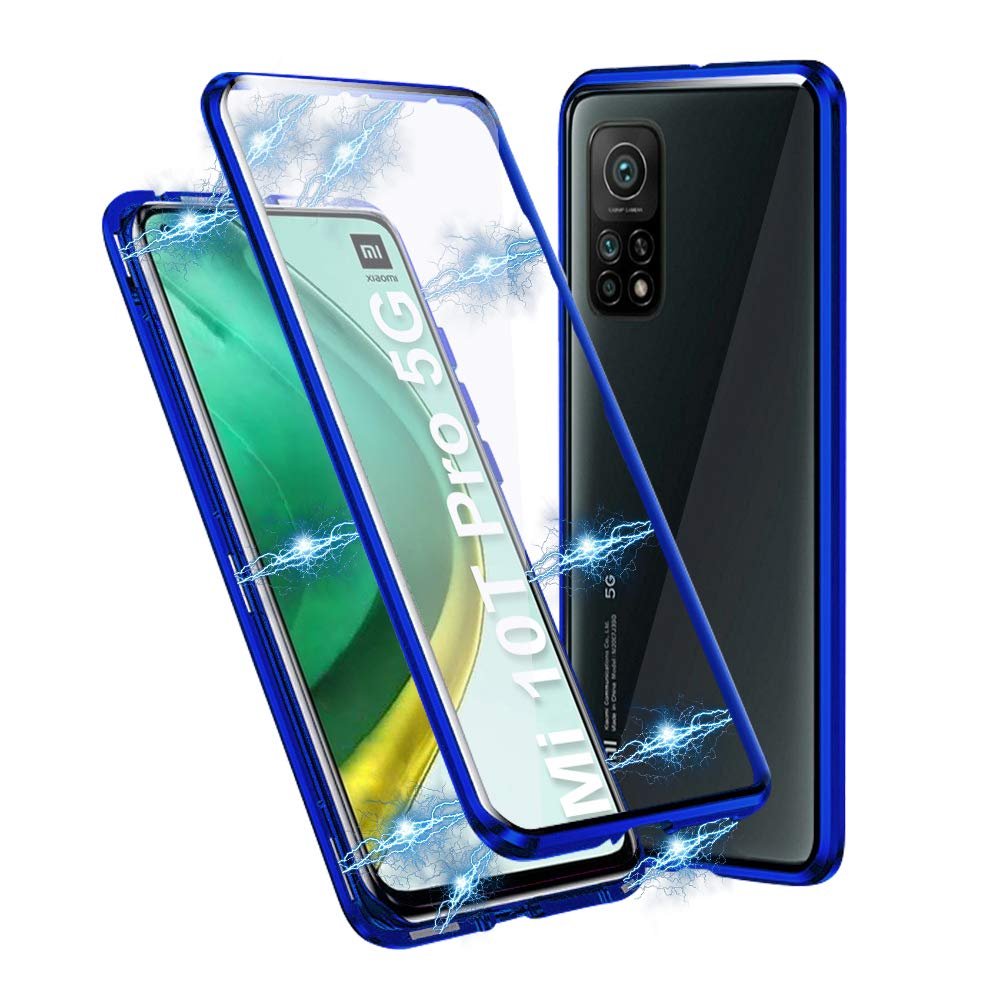 Ellmi Xiaomi Mi 10T / Mi 10T Pro Case, Magnetic Adsorption Phone Case for Xiaomi Mi 10T / Mi 10T Pro, Hard Phone Case with Double-Sided Clear Tempered Glass Built-in Magnets Metal Bumper Frame (Blue) — image 1