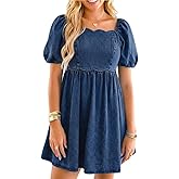 POLIRO Denim Dress Babydoll Jean Square Neck Puff Sleeve Casual Country Concert Dresses with Pockets for Women 2026