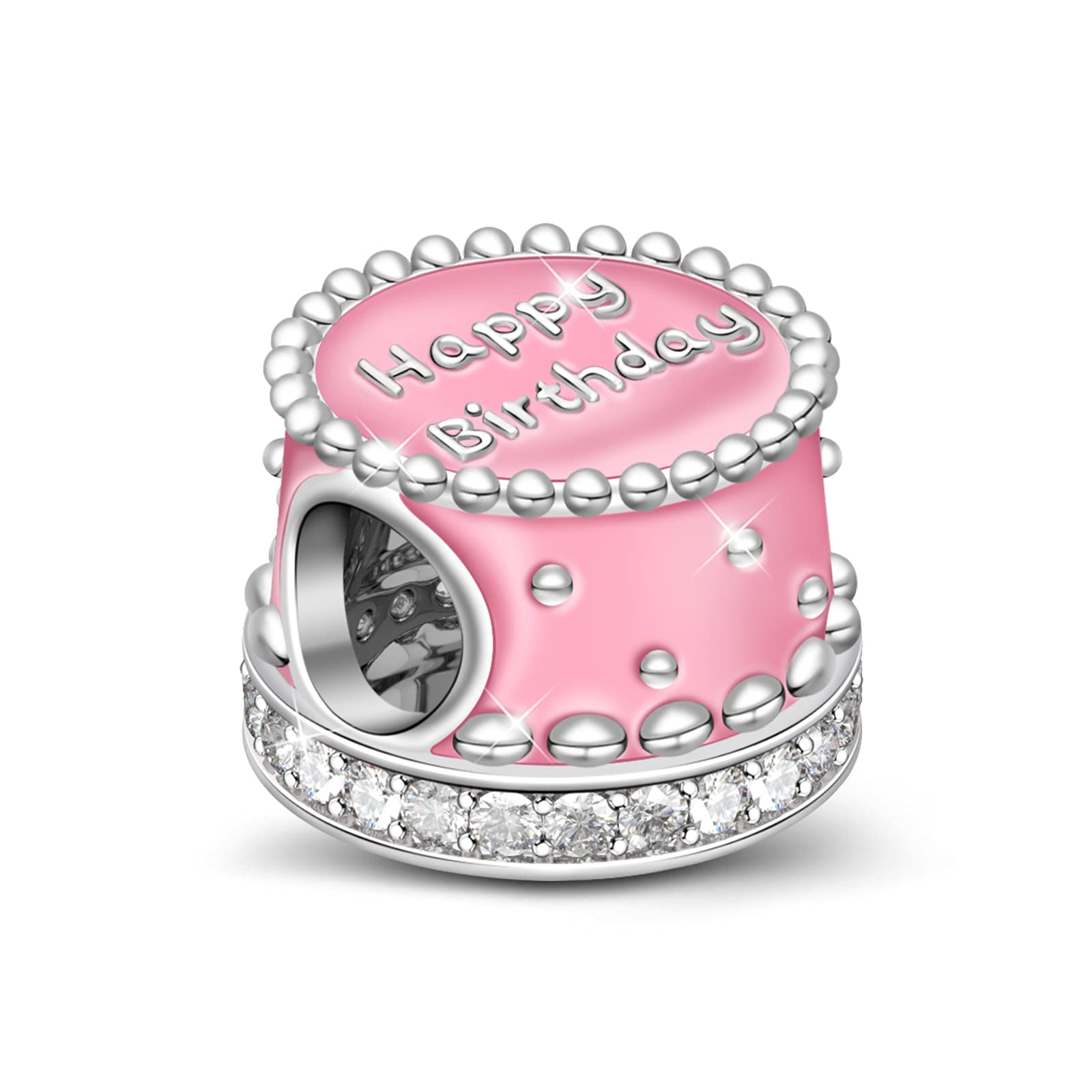 GNOCE Pink Birthday Cake Charms Sterling Silver Happy Birthday Charm Bead Fit Bracelet/Necklace Jewellery Gift for Women Girls