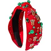 SeBneny Christmas Headband for Women Pearl Knotted Headband Xmas Red Green Pearl Bow Reindeer Snowflake Rhinestone Crystal Jeweled Hairband Wide Top Knot Hair Bands (05.elk red, 1 Count (Pack of 1))