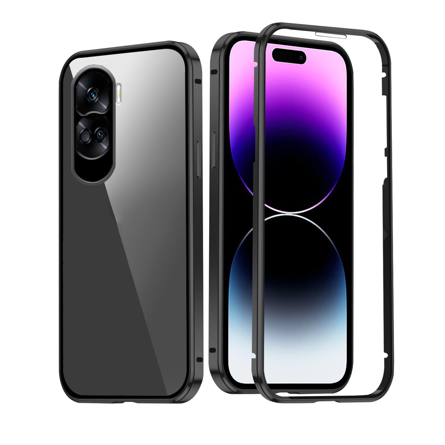Wousunly Compatible with Honor 90 Lite Case Clear, Full Body Shockproof Phone Case for Honor 90 Lite with Built-in Tempered Glass Screen Protector Cases Cover (Black)