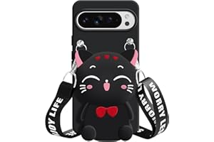 SGVAHY for Google Pixel 10/10 Pro Case, Cute Black Lucky Cat Coin Purse Fancy Phone Case for Women Girls with Crossbody Strap