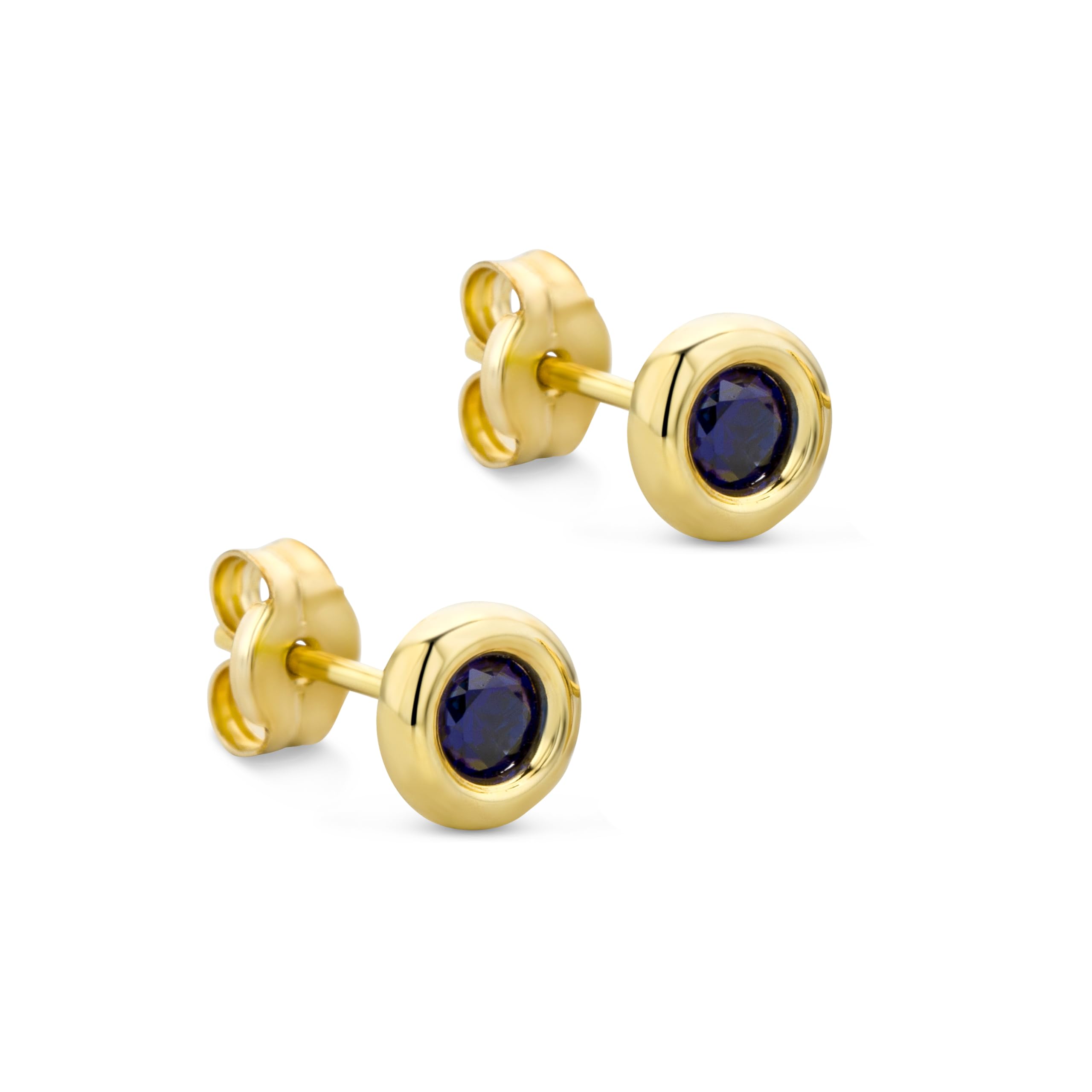 Orovi Round Yellow Gold Earrings for Women with Sapphires in 9 Carat Gold, Hypoallergenic Earrings - Handmade studs with jewellery box