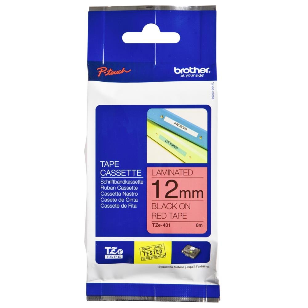 Brother TZe-431 Labelling Tape Cassette, 12 mm (W) x 8 m (L), Laminated, Brother Genuine Supplies - Black on Red