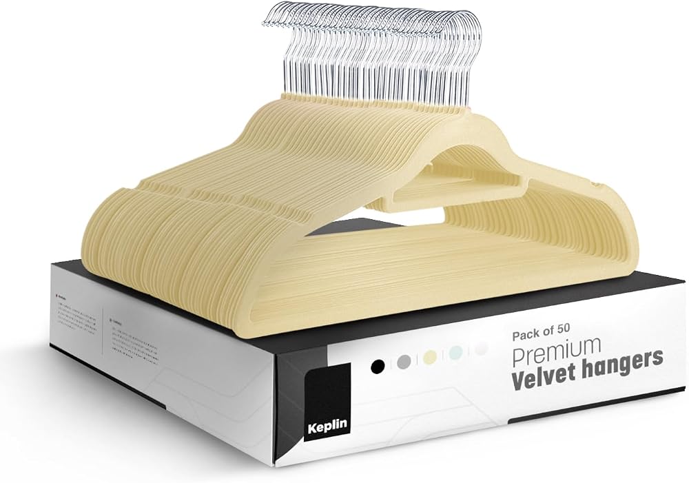 KEPLIN Velvet Hangers 50 Pack 45cm Thin Non-Slip with Tie Bar Cream