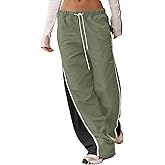 Fisoew Women's Baggy Wide Leg Track Pants Casual Drawstring Elastic Waisted Color Block Workout Y2K Active Pants