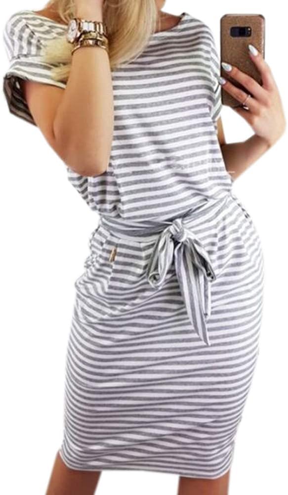 Women's Striped Elegant Short Sleeve Wear to Work Casual Pencil Dress with Belt