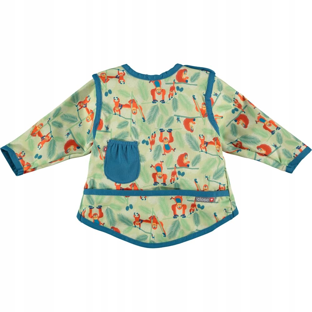 Close Pop-in Waterproof Baby Bibs Long Sleeve with Front Pocket from 6 to 18 Months Old, Machine Washable at 40 Degrees, Orangutan Print