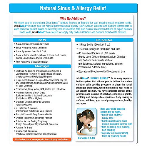 Neilmed's Sinus Rinse, Pediatric, Complete Saline Nasal Rinse Kit 60 Premixed Packets