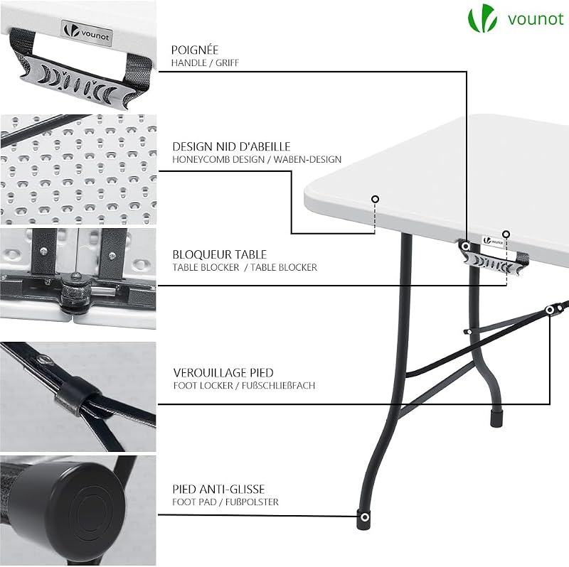 ® Tavolo da Buffet Pieghevole, Tavolo da Birreria, Mobili da Giardino con Manico di Trasporto, per Campeggio Picnic Esterno, Bianco, 180x75x72cm