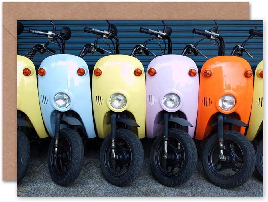 Wee Blue Coo MOPED MULTICOLOURED ROW PINK ORANGE YELLOW BLANK GREETINGS BIRTHDAY CARD, Pink, Orange, Yellow, 12.5 x 17.5 cm