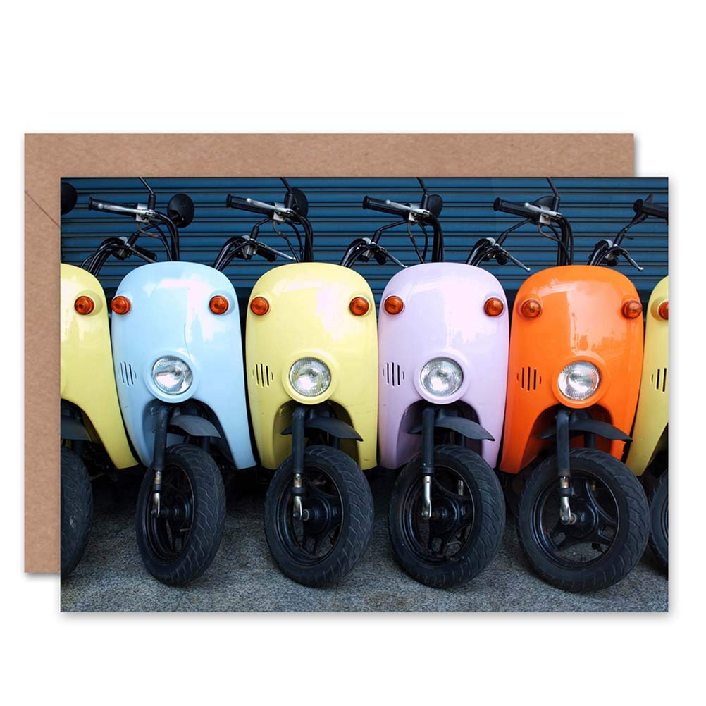 Wee Blue Coo MOPED MULTICOLOURED ROW PINK ORANGE YELLOW BLANK GREETINGS BIRTHDAY CARD