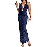 KUTUMAI Women V Neck Long Formal Dress Floral Bodycon Maxi Split Back Dresses Sexy Sequin Evening Cocktail Party Gown
