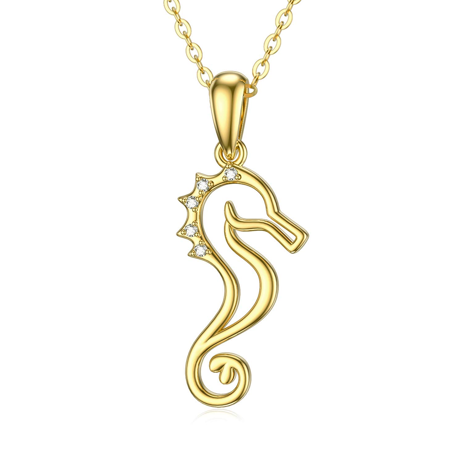 YDD 9ct Gold Seahorse Necklace, Seahorse Gifts for Women Moissanite Necklace Gold Seahorse Pendant Necklace for Ladies Her 16+1+1 inch