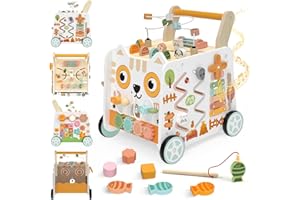 Wooden Baby Walker, Baby Push Walker with Wheels, 16-in-1 Montessori Activity Center Bead Maze Shape Sorter Xylophone, Height