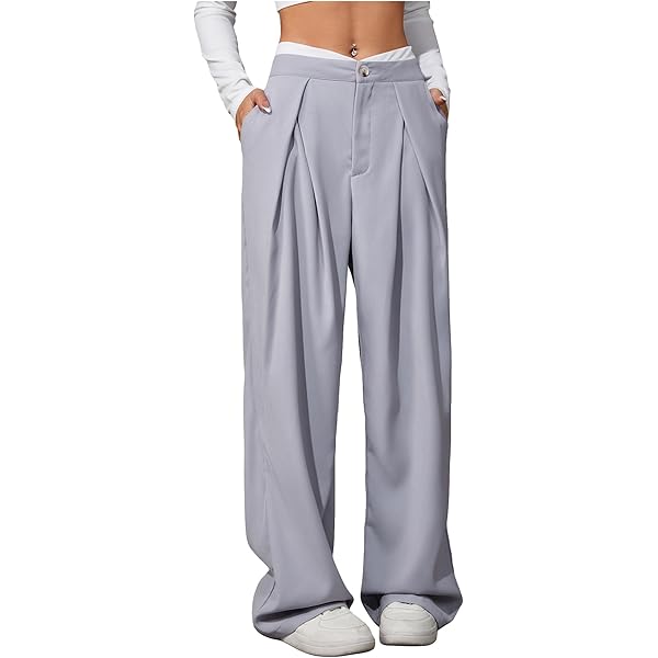 パンツ Asymmetrical waist wide straight slacks Asymmetrical Contrast Waistband Wide Leg Dress Pants | COMMENSE