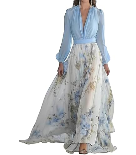 Esmube Dresses for Women Deep Sexy V Neck Chiffon Dress Elegant Boho Floral Long Sleeve Flowy Summer Pleated Maxi Dress Blue : Clothing, Shoes & Jewelry