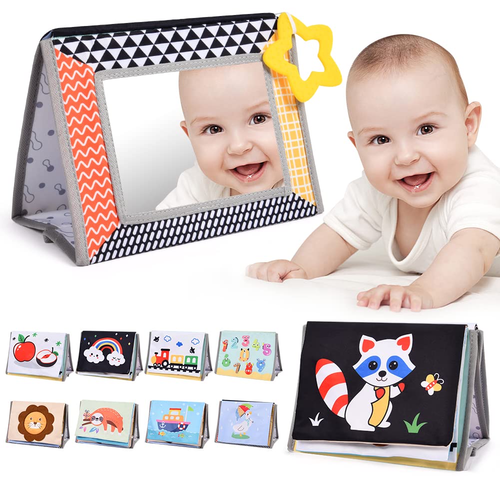Aolso Infant Tummy Time Soft Books - Double Sided Activity Book with Mirror, Crinkle Textures and Soft Baby Teether for Newborns 0+ Months