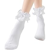 AMHRLINGTO Lace Ruffle Frilly Socks for Women, Comfortable Cotton Cute Lace Ankle Socks with Bow