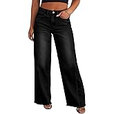 Eytino Women's Plus Size Wide Leg Jeans Elastic High Waist Stretchy Raw Hem Denim Pants with Pockets(1X-5X)