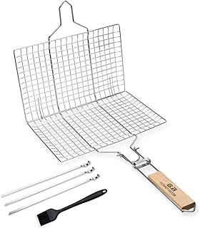 G.a HOMEFAVOR Grillkorb Fischbräter Gemüsekorb BBQ Grillrost Grill mit Abnehmbarem Holzgriff, aus 304 Edelstahl für Fisch, Gemüse, Garnelen, mit Backbürste, 3 Metallspießen und Aufbewahrungstasche