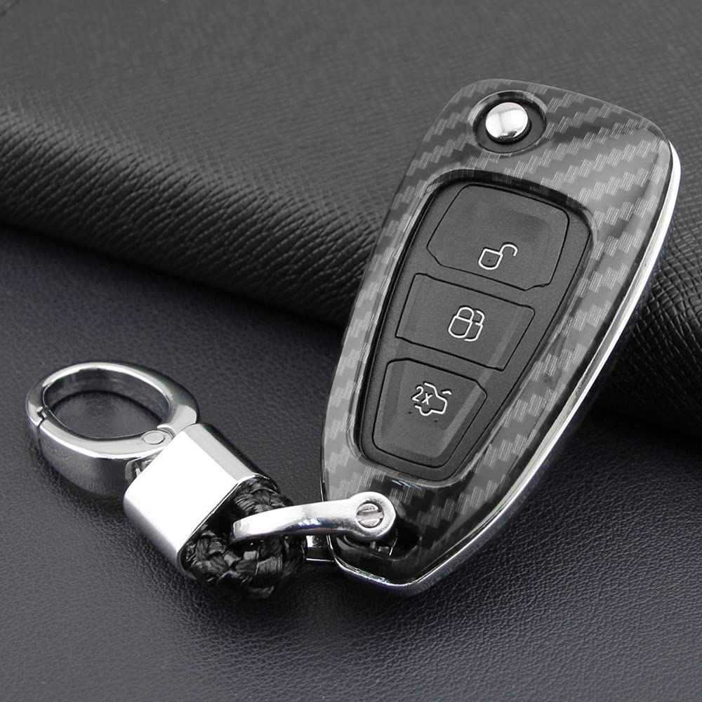 Qirc ABS Carbon Fiber Car Key Case for Focus Escape Kuga Smart Key Protector Car Key Fob Car Accessory Decoration (with Buckle)