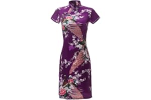 Shanghai Story Short Sleeve Peacock Print Short Qipao Faux Silk Cheongsam 8 Color