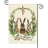 Baccessor He is Risen Easter Garden Flag Bunny Cross Laurel Wreath 12.5 x 18 Inch Small Easter Yard Flag for Outside Double Sided Burlap Spring Holiday Outdoor Easter Decoration