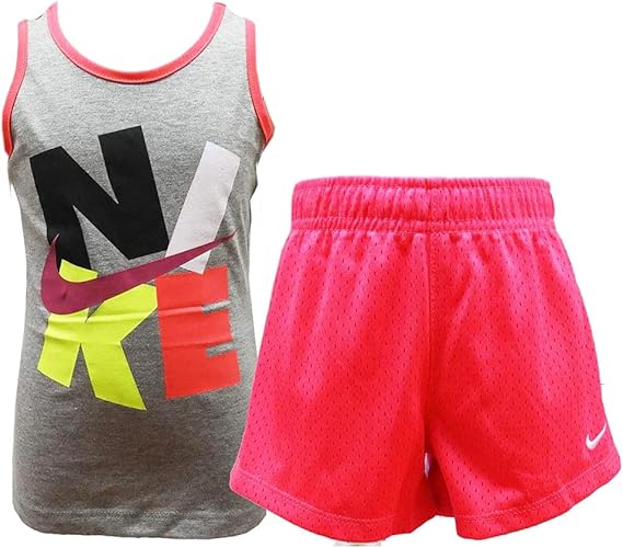 Amazon Co Jp Nike ナイキ キッズ 子供服 Tシャツ カットソー タンクトップ ショートパンツ 上下セット セットアップ グレー 蛍光ピンク 服 ファッション小物