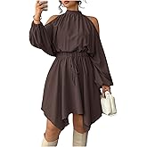 BEAUDRM Women's Plus Size Cold Shoulder Dress Mock Neck Long Sleeve A Line Flowy Vacation Short Dresses