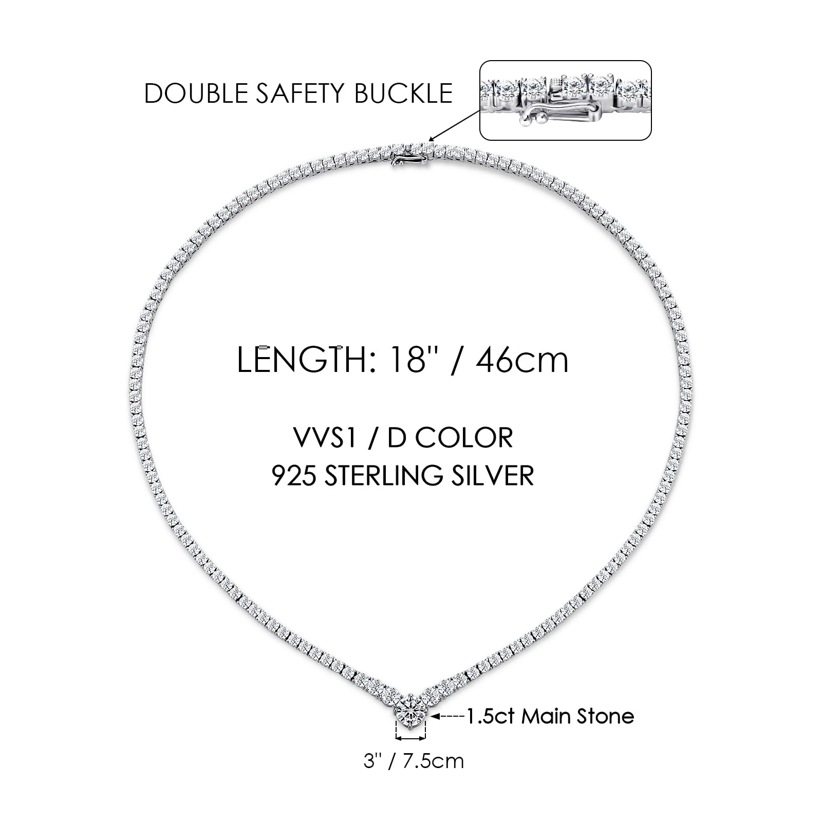 Gradual Moissanite Tennis Chain Necklace: 925 Sterling Silver VVS1 D Color 14k White Gold Plated V Shape Link Moissanite Necklace Dainty Lab Diamond Wedding Jewelry Gifts for Women Lady