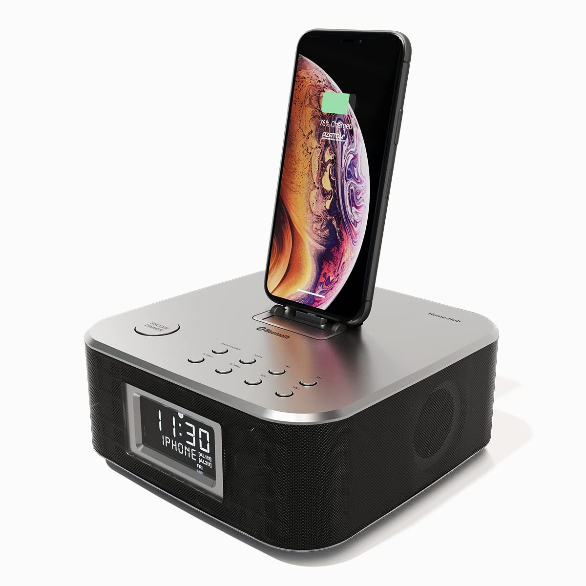 AZATOM HomeHub Radio Alarm FM Bluetooth speaker 30W Lightning Docking station for iPhone & iPad mini (Silver)
