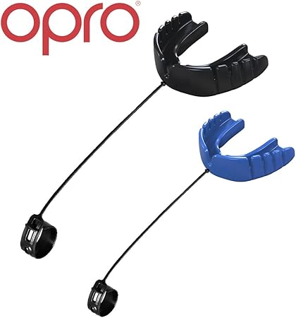 OPRO Snap Fit - Protector bucal + Correa (Pack de Gancho) para fútbol, Lacrosse, Hockey- 18 Meses de garantía Dental (Negro y Azul)