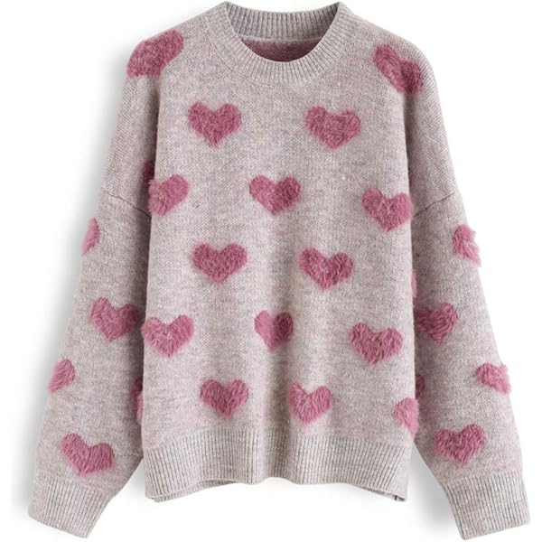 CHICWISH Women's Grey Comfy Casual Fuzzy Contrast Heart Knit