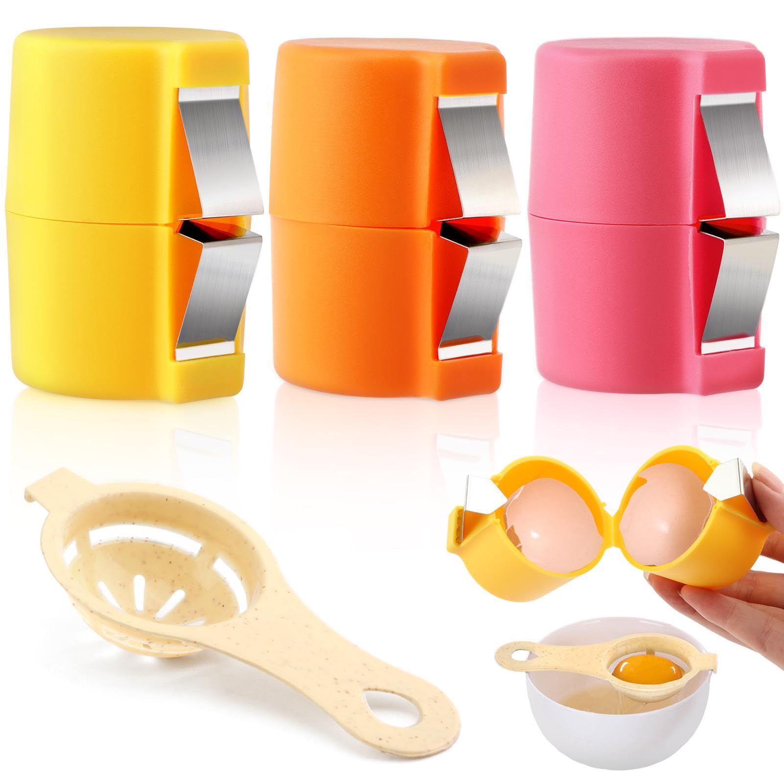 Photo 1 of 3 Pcs Egg Shell Opener with 1 Egg Yolk Separator, Portable Egg Shell Opener Tools, Handheld Egg Breaker for Cooking Baking(COLOR:Pink+Yellow+Orange)
