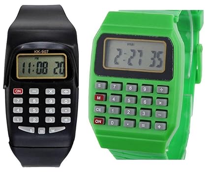 Lemonade Unisex Silicone Jelly Slim Pack of 2 Black & Green LED Calculater Band for Kids, Children