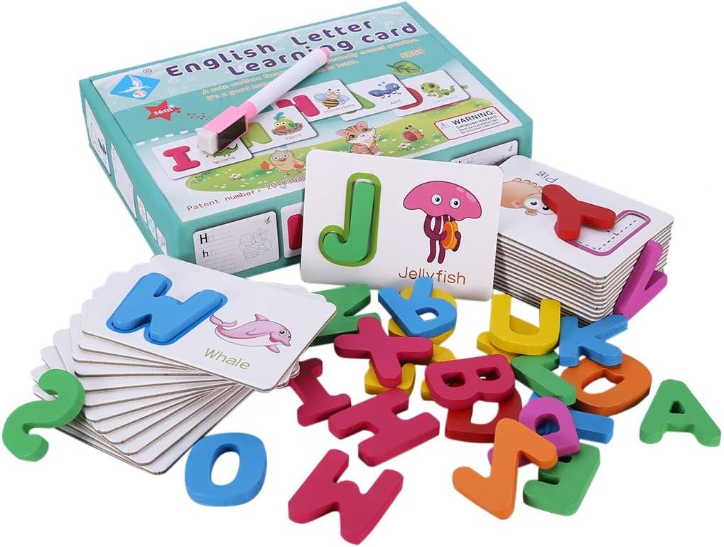 Alphabet and Animals Flash Cards, ABC Wooden Letters and Numbers Animal Card Board Matching Puzzle Game Montessori Educational Toys Gift for Toddlers Kids Boys Girls 3+ Years Old