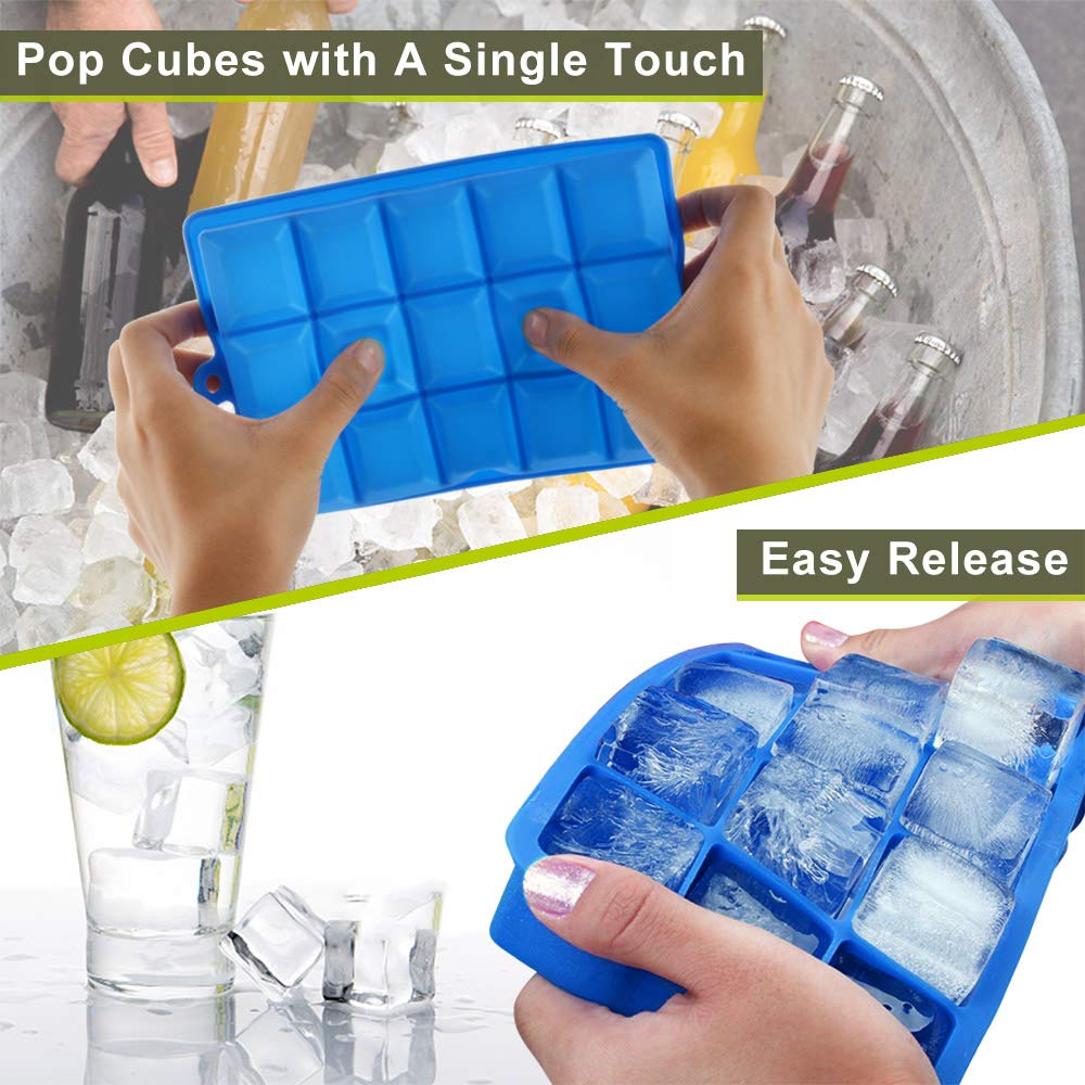 2-Pack Large Silicone Ice Cube Trays with Lids Easy Release Ice Cube Molds Set for Whiskey, Baby Food Silicone Cake Mold 15 Cavity