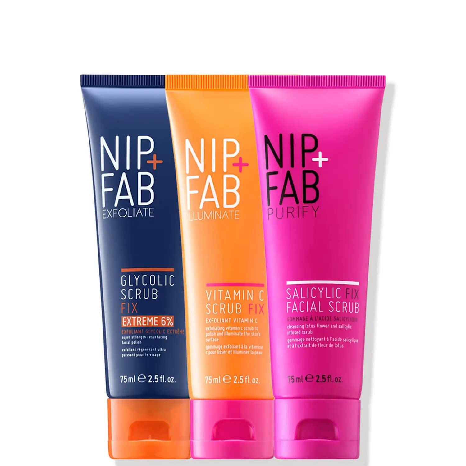 Nip + Fab Three-Piece Face Scrub Bundle | Illuminating AHA BHA Exfoliate Set With Vitamin C, Glycolic Acid, Salicylic Acid | Cleansing for Radiant Complexion