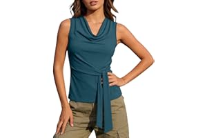 Women's Cowl Neck Sleeveless Tops Self Tie Waist Ribbed Knit Blouses Elegant Casual Fitted Tank Tops for Work Office