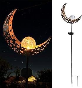 Moon Solar Lights Outdoor Metal Waterproof Crackle Glass Globe Stake Garden Decor for Pathway, Lawn, Patio, Yard Decorations