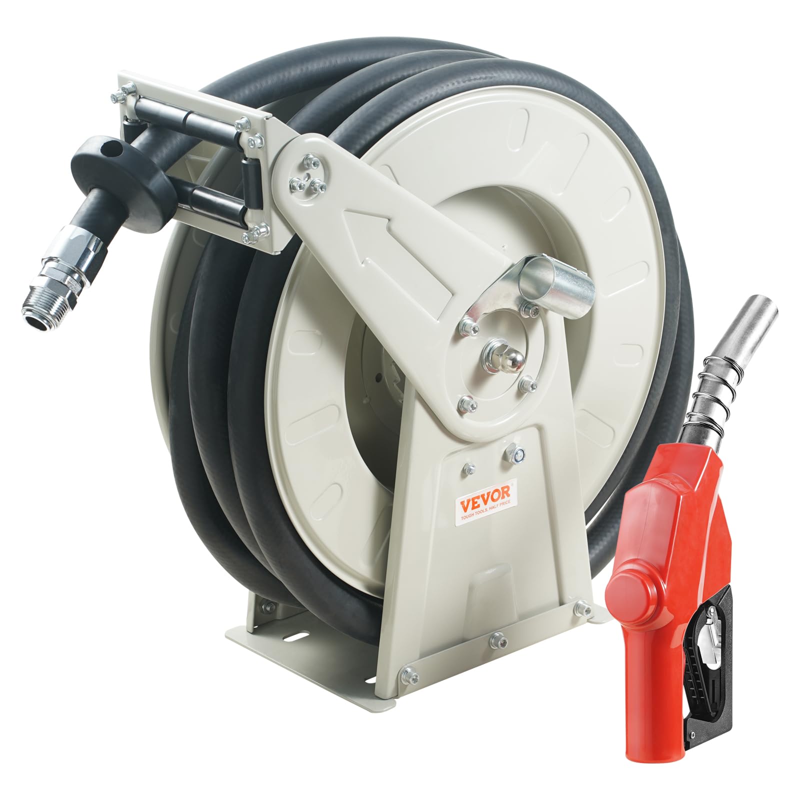 Photo 1 of ** MINOR DENT ** VEVOR Fuel Hose Reel, 1" x 33', Extra Long Retractable Diesel Hose Reel, Heavy-Duty Carbon Steel Construction with Automatic Fuel Nozzle, NBR Rubber Hose for Aircraft Ship Vehicle Tank Truck, 300 PSI