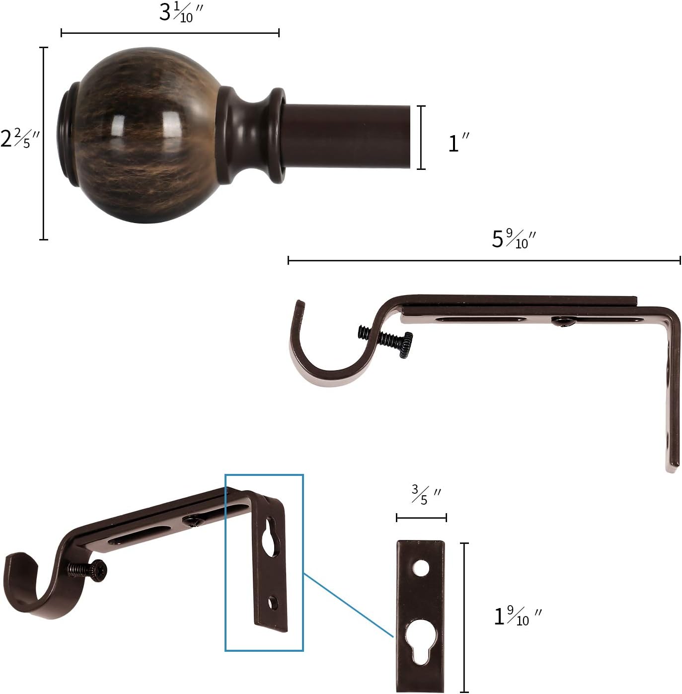 Oneach 2 Pack 48''-84'' Adjustable Curtain Rod 1'' Brown Extendable Metal Single Window Rod for Curatins with Decorative Imitation Marble Resin Twisting Finials Drapery Treatment Window Rods: Home Improvement