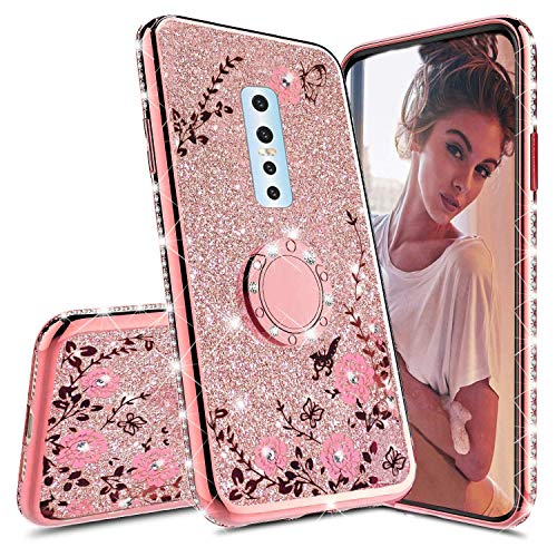 KC Glitter Auora with Round Ring Diamond Stand Transparent Silicon Back Cover for Vivo V17 Pro (Rose Gold)